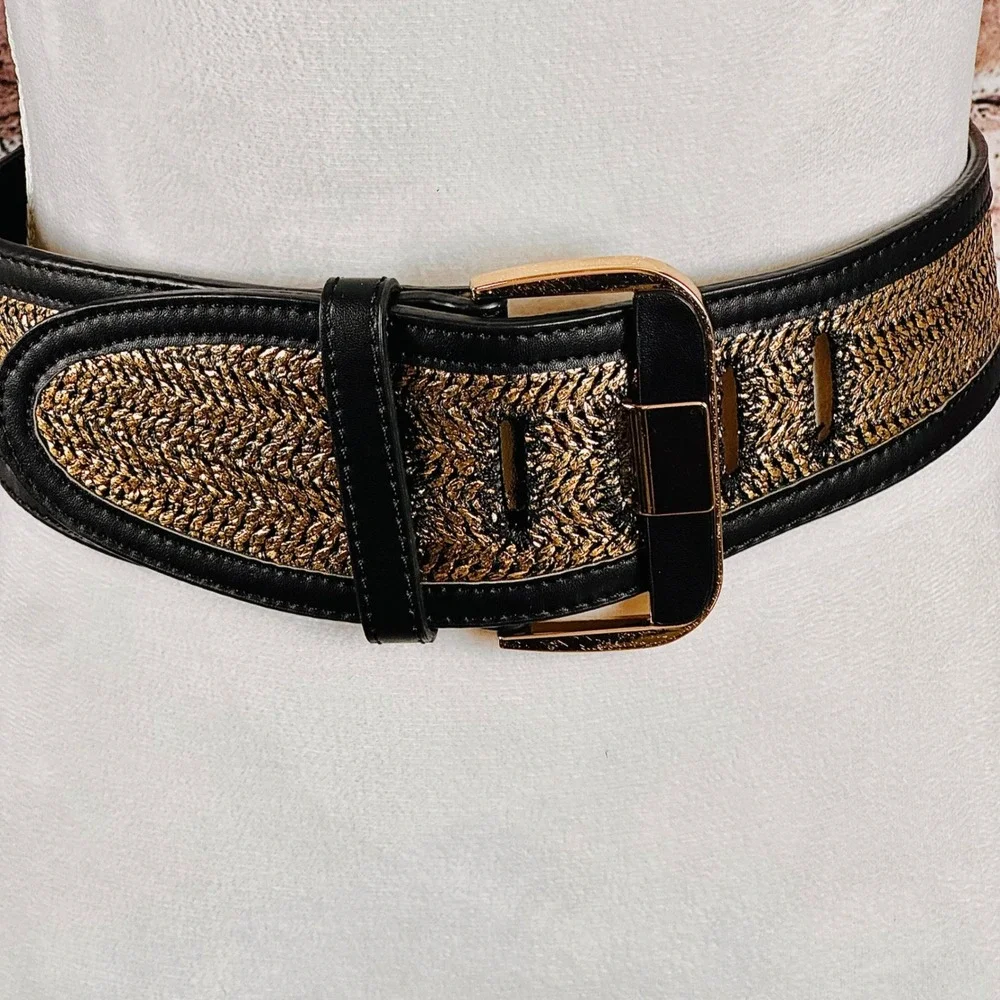 Bebe Womens‎ Wide Waist Belt Black Gold Metallic Woven w/Black Buckle Size P S